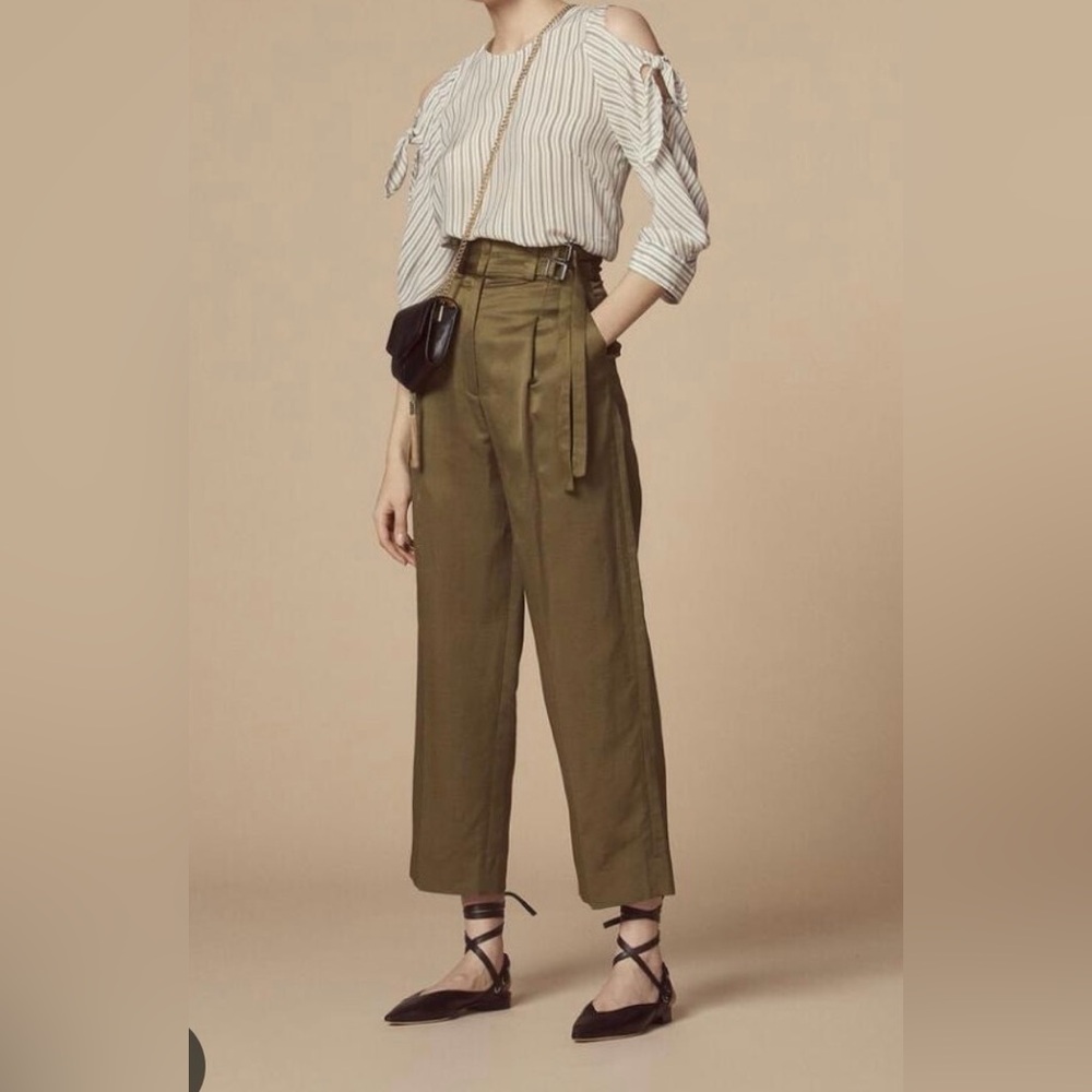 SANDRO Linen Blend Belted Moss Green Double Belted Pants 34